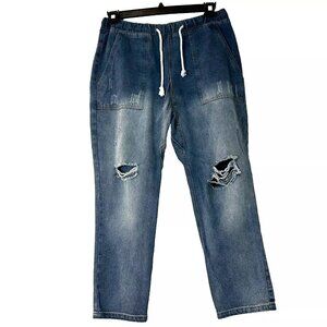 Drawstring Waist Distressed Cropped Jeans size L
